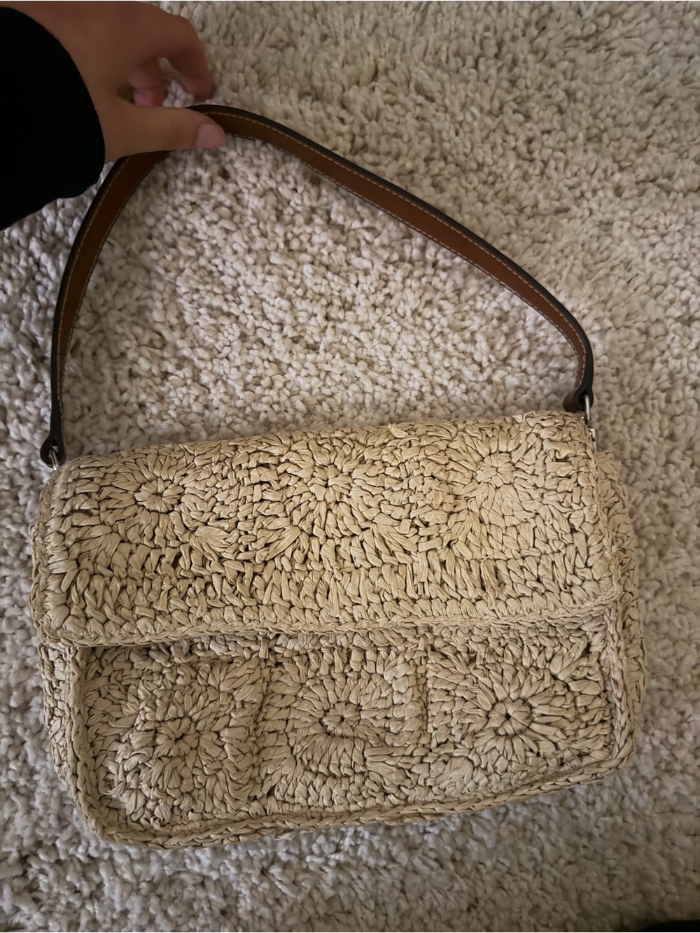 STAUD Cream Woven Shoulder Bag with Brown Strap